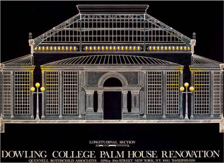 This drawing shows the addition of decorative lighting elements. Since an operable vent was installed at the apex of the ceiling, they were able to use the original oblong vent holes as niches for providing a band of decorative light. Additionally, four decorative 5-globe posttop fixtures were positioned at the corners. All of these elements not only provided additional ambient light in the space, but they also helped to modulate the sense of scale.